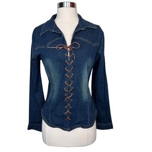 Vintage Y2K Denim Jean Leather Cord Lace Up Front Collared Blouse Top Large